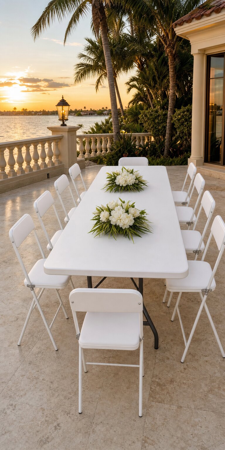 Eight-foot white rectangle folding table surrounded by white folding chairs on a tropical patio at sunset
