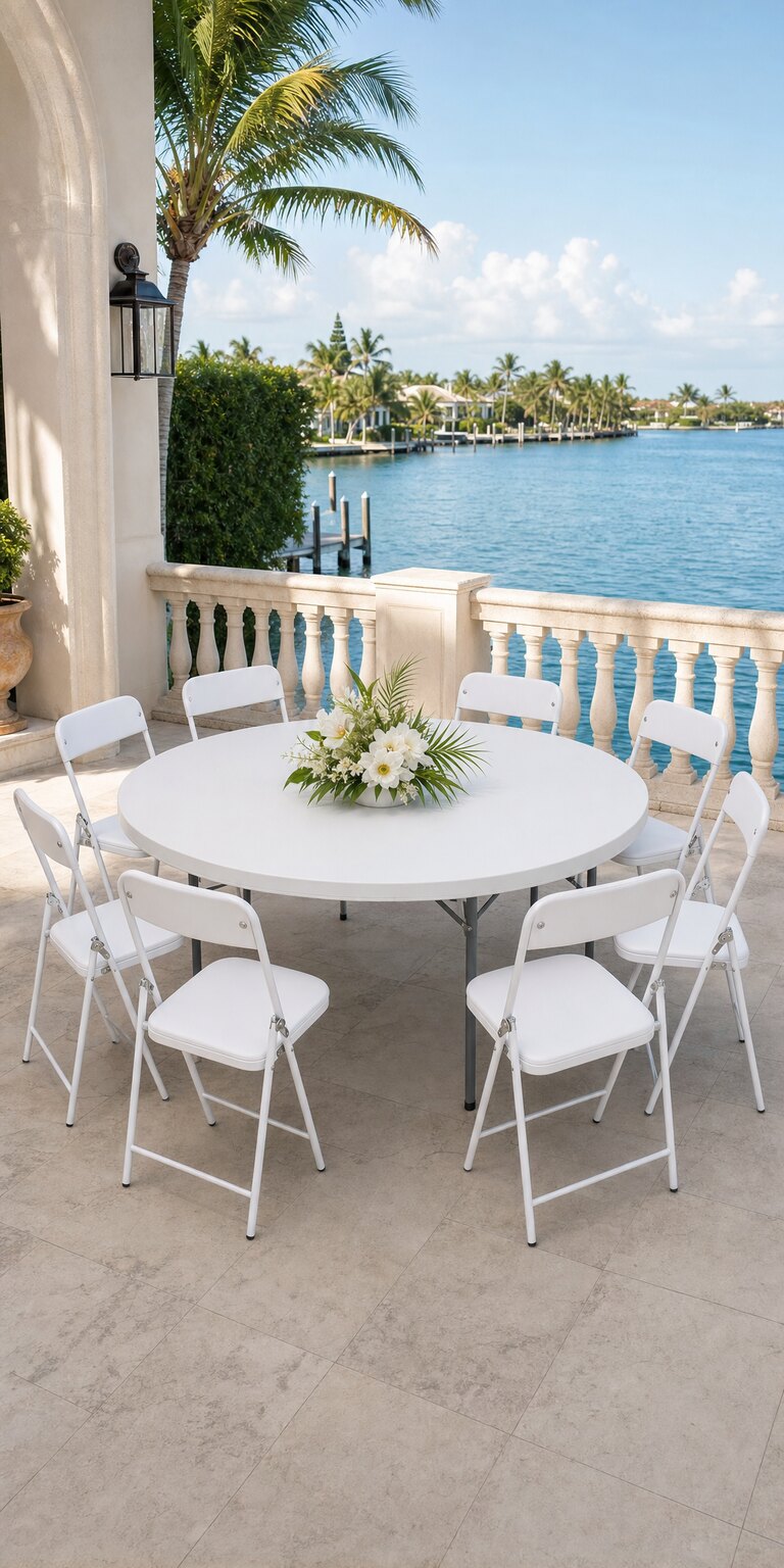 Six-foot round white folding table surrounded by eight white folding chairs on a tropical waterfront patio
