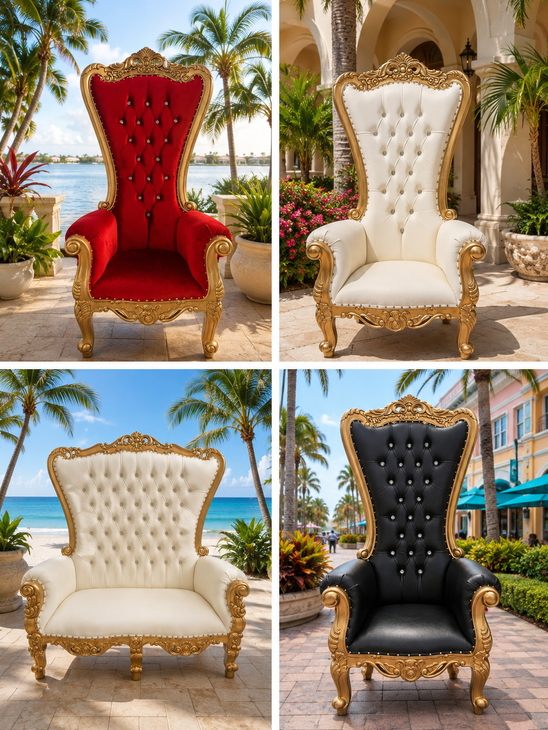 Red, white, black, and white love seat throne chair options
