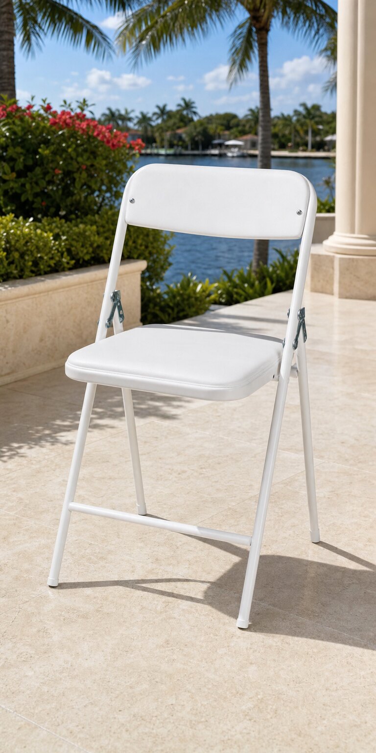 White folding chair displayed on a sunny tropical waterfront patio